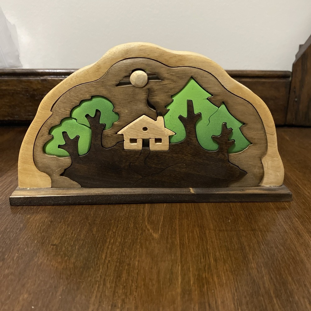 Hand Carved Wooden Puzzle Cabin In The Woods Landscape Rustic Art C-0066